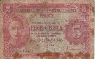 1 Cent Vg - Poor Banknote From British Malaya 1941 Pick - 7