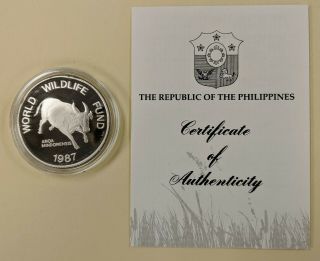 1987 Philippines 200 Piso Proof Silver World Wildlife Fund Wwf Tamarau
