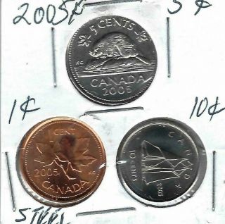 2005 - P Canadian Brilliant Uncirculated Three Coin 1,  5 And 10 Cent Type Set