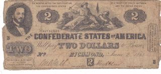 Confederate States Of America Richmond June 2 1862 First Series $2 Note