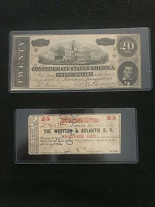 1864 Conferderate States Of America $20 Note And A Train Ticket From 1862
