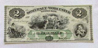1862 Somerset & Worcester Savings Bank Maryland $2 Banknote Obsolete Au