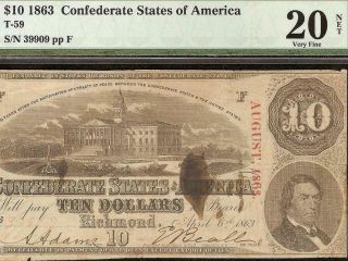 1863 $10 Dollar 39909 Confederate States Currency Civil War Note Money T - 59 Pmg