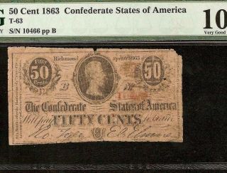 1863 Confederate States 50 Cent Note Civil War Fractional Currency Money T - 63