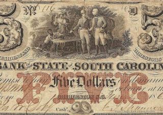 1861 $5 Dollar Bill State Bank South Carolina Note Currency Old Paper Money