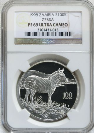 1998 Zambia 100 Kwacha Silver Zebra Ngc Pf 69 Ultra Cameo