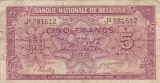 5 Francs Vg - Fine Banknote From German Occupied Belgium 1943 Pick - 121