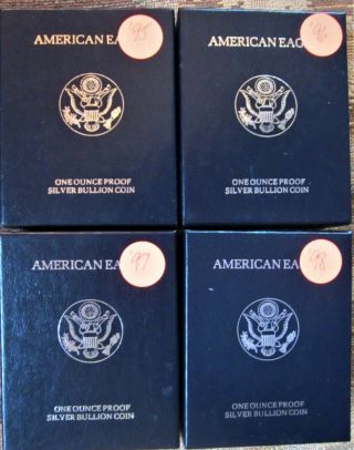 Four Silver American Eagle Proofs: 1995,  ' 96,  ' 97,  and ' 98 3