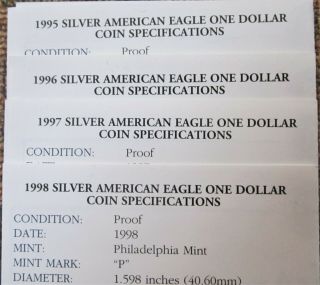 Four Silver American Eagle Proofs: 1995,  ' 96,  ' 97,  and ' 98 4