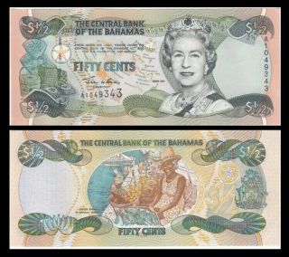 Bahamas 1/2 (0.  5) Dollar,  2001,  P - 68,  Queen Elizabeth Ii,  Unc World Currency