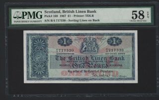 1967 Scotland 1 Pound,  P - 168 British Linen Bank,  Pmg 58 Epq Aunc,  Popular Type
