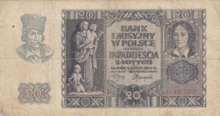 1940 Poland 20 Zlotych Note,  Pick 95.