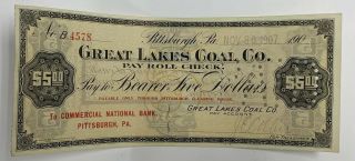 1907 $5 Pittsburgh Great Lakes Coal Pay Roll Check Western Bank Note Mining
