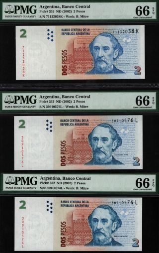 Tt Pk 352 2002 Argentina 2 Pesos " B.  Mitre " Pmg 66 Epq Gem Unc Set Of 3 Notes
