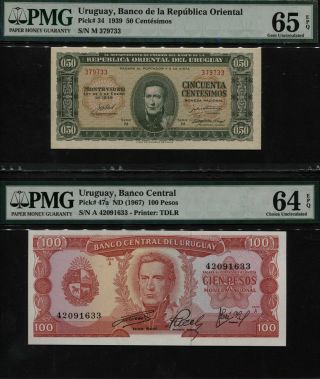 Tt Pk 34 & 47a 1939 - 67 Uruguay 50 Centesimos & 100 Pesos Pmg 64q & 65q Set Of 2