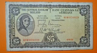 Ireland: Irish Lavery Five Pound Note Dated 6.  8.  1952.  Early Date.