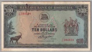 561 - 0103 Rhodesia | Reserve Bank,  10 Dollars,  1979,  Pick 41a,  Vf