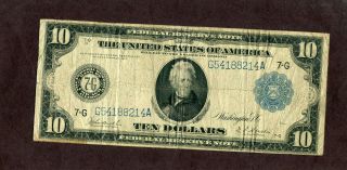 U.  S: Large - 1914 - $10.  00 Fed.  Res.  Note - Vf - Burke - Hortton.
