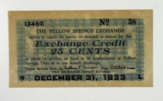 Oh.  Yellow Springs Exchange 1933 Depression Scrip 25 Cents,  Xf - Au S/n 38 Scarce