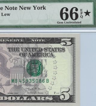 2013 $5 York Frn,  Pmg Gem Uncirculated 66 Epq Banknote,  Star Designation