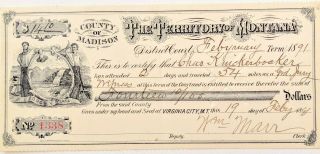 1891 Territory Of Montana Grand Jury Witness Pay Virginia City Banking Check