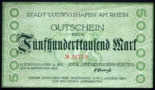 Ludwigshafen 1923 500,  000 Mark Inflation Notgeld German Banknote