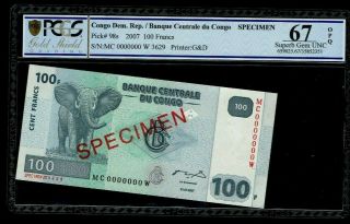 Congo Democratic Republic,  100 Francs 2007 Specimen,  P98s,  Opq Unc 67