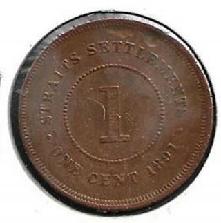 1891 Straits Settlements Large 1 Cent Coin - Book Value $165 3