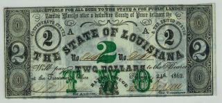 1862 The State Of Louisiana $2 Obsolete Currency Scrip Civil War Baton Rouge