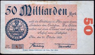 PlÖn 1923 Serial No.  85 50 Billion Mark Rare Inflation Notgeld Germany