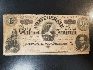 1864 Csa Confederate Currency Note $100 Dollar T65