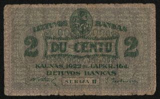 Lithuania (p08a) 2 Centu 1922 Af/vg,
