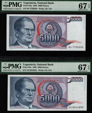 Tt Pk 93a 1985 Yugoslavia 5000 Dinara " J.  B.  Tito " Pmg 67q Gem Set Of Two