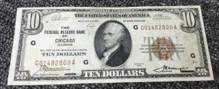 1929 $10 Bill National Currency Federal Reserve Bank Of Chicago Illinois