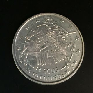 Gibraltar,  14 Ecu/10 Pounds,  Knight On Horse,  1992,  Silver Unc