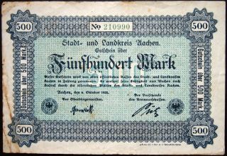 Aachen 1922 500 Mark Early Inflation Notgeld German Banknote