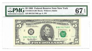 1995 $5 York Frn,  Pmg Gem Uncirculated 67 Banknote,  Fw Fr 1985 - B