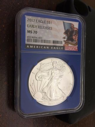 2017 American Silver Eagle - Early Releases - Ngc Ms70 - Eagle Label - Blue Core
