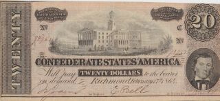 1864 Confederate States Of America $20 Richmond Bank Note