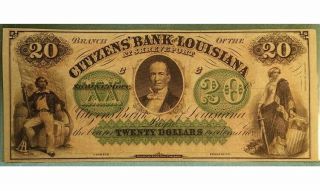 1850s $20 Dollar Citizens Bank Of Louisiana Shreveport Obsolete Note