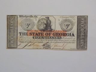 Civil War Confederate 1862 5 Dollar Bill Milledgeville Georgia Paper Money Note