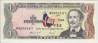 Dominican Republic Banknote P146a 1 Peso 1994 Commemorative,  Scarce,  Unc
