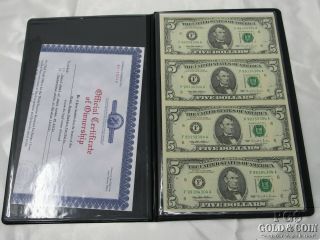 1995 Uncut Sheet $5 Federal Reserve Notes In Album 4 Bills $20 Us Currency 14140