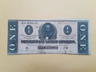 1862 Civil War Confederate States Of America 1 Dollar Note Richmond One Dollar