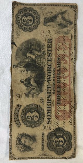 1862 Three Dollar Somerset And Worcester Savings Bank Obsolete Bank Note