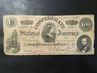 1864 Confederates States Of America 100 Dollars Old Banknote