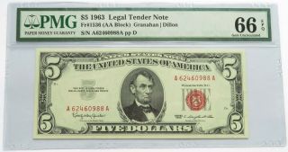 1963 $5 Legal Tender Note - Pmg 66 Gem Unc,  Fr 1536,  Granahan Dillon (211508y)