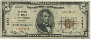 1929 The National City Bank Of York Ny $5 Note Ch 1461 Type 1
