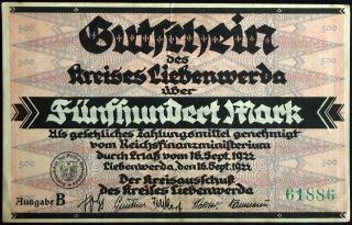LIEBENWERDA 1922 500 Mark early Inflation Notgeld German Series B 2