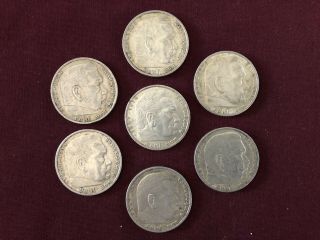 German Silver Ww2,  (7) 5 Reichsmark Coins